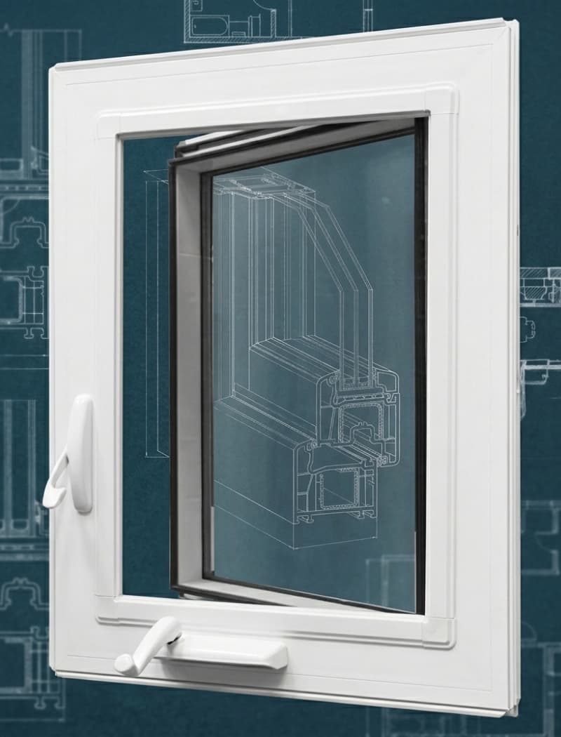Casement window with crank handle on blueprint background